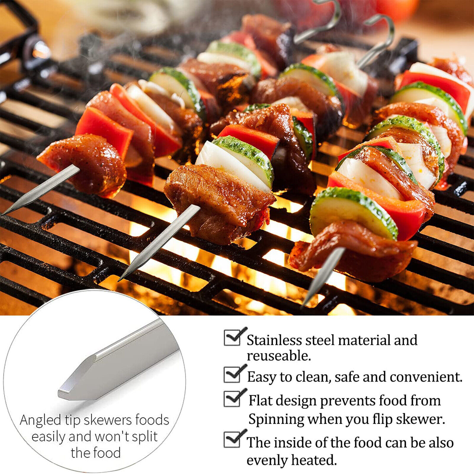 30cm Metal BBQ Flat Skewers Stainless Steel Barbecue Grill Kebab Stick ...